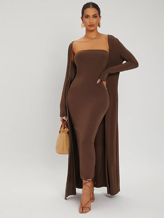 Off-Shoulder Bodycon Midi Dress Set with Long Cardigan Jacket- Coffee Brown