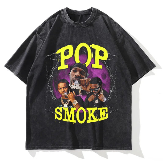 Summer New Washed T-Shirt POP SMOKE Graphic Print